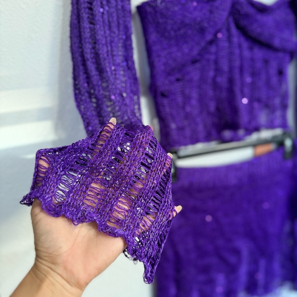 Fairy core 3PC Purple Crochet Set M Festival W Y2K Distressed Crop Top Skirt - Picture 7 of 13